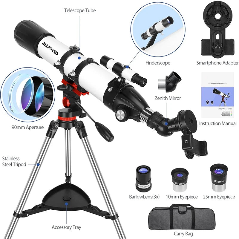 ALLFOC 80090 Astronomical Telescope, High Power Large Aperture HD Professional for Deep Space Observation Star Gazing, Tripod‌‌