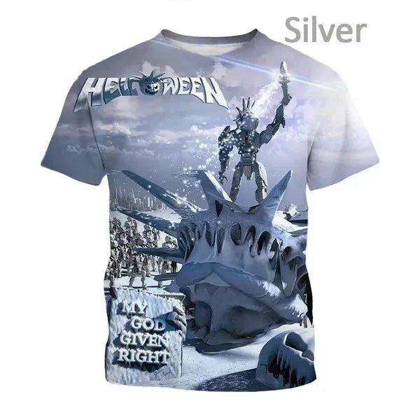 2024 Summer New Heavy Metal Rock Band Hellowen 3D Printed Street Fashion Extra Large Men's and Women's Round Neck T-shirt Y2K