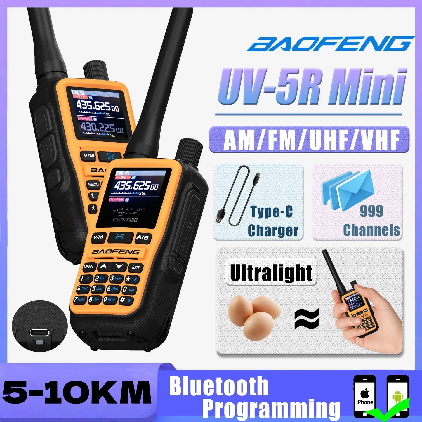 Baofeng UV 5R Mini Full Band Walkie Talkie Bluetooth Programming AM Wireless Copy Frequency 999CH Type-C Portable Ham Radio