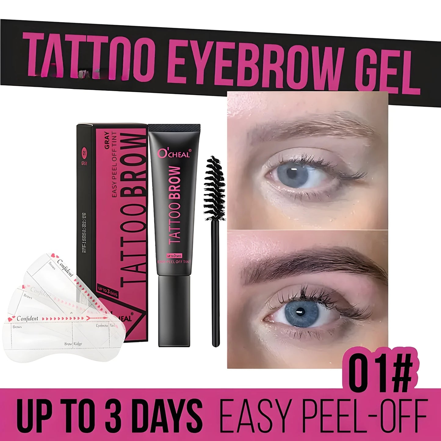 Waterproof Tattoo Brow Peel Off Tint with Stencils - Semi-Permanent Eyebrow Tint Lasts Up to 3 Days - Easy to Apply and Long-Las