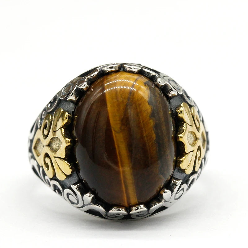 Handmade 925 Sterling Silver Mens Ring With Natural Tiger Eye Stone Oxidized Silver Ring Turkish men's Fashion Jewelry
