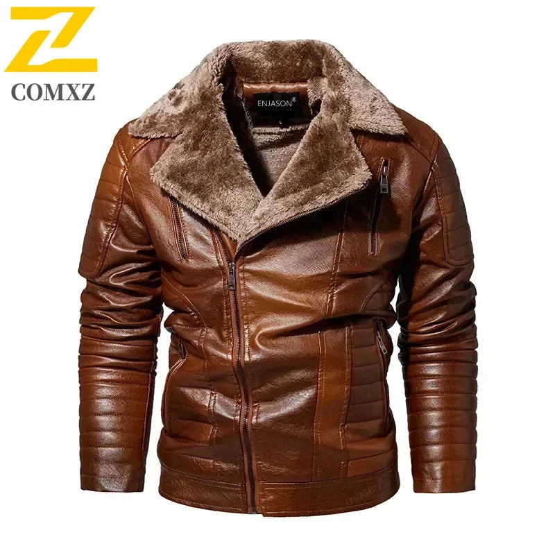 Fashion Warm Winter Mens PU Leather Jacket With Fur Collar Thicken Fleece Motorcycle Coat Casual Faux Leather Locomotive Jacket