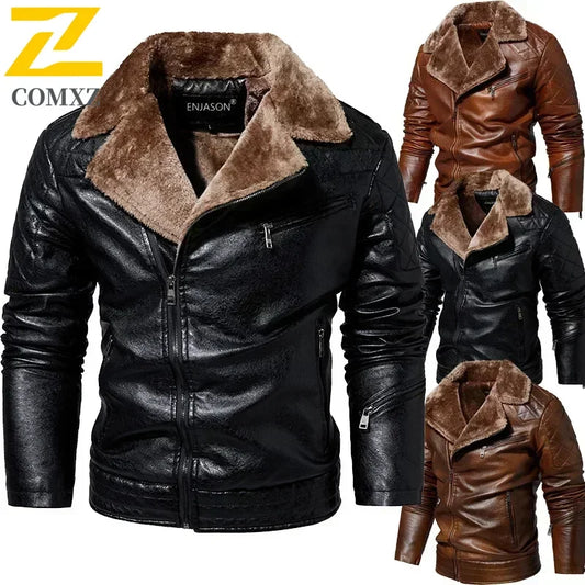 Fashion Warm Winter Mens PU Leather Jacket With Fur Collar Thicken Fleece Motorcycle Coat Casual Faux Leather Locomotive Jacket