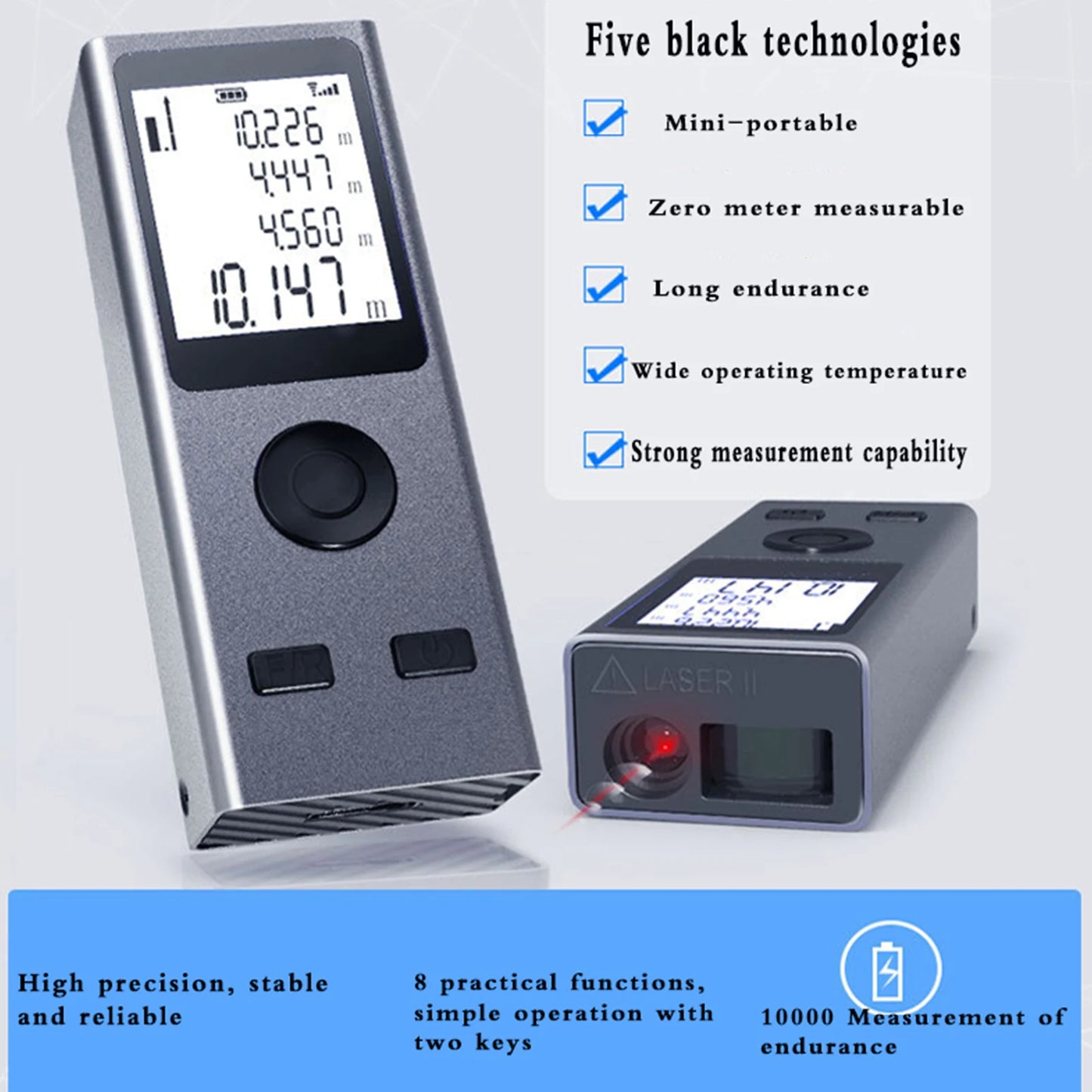 Mini Laser Rangefinder Digital Tape Measure Laser Ruler USB Charge Aluminum Alloy Fuselage Measuring Distance: 30/50/60m