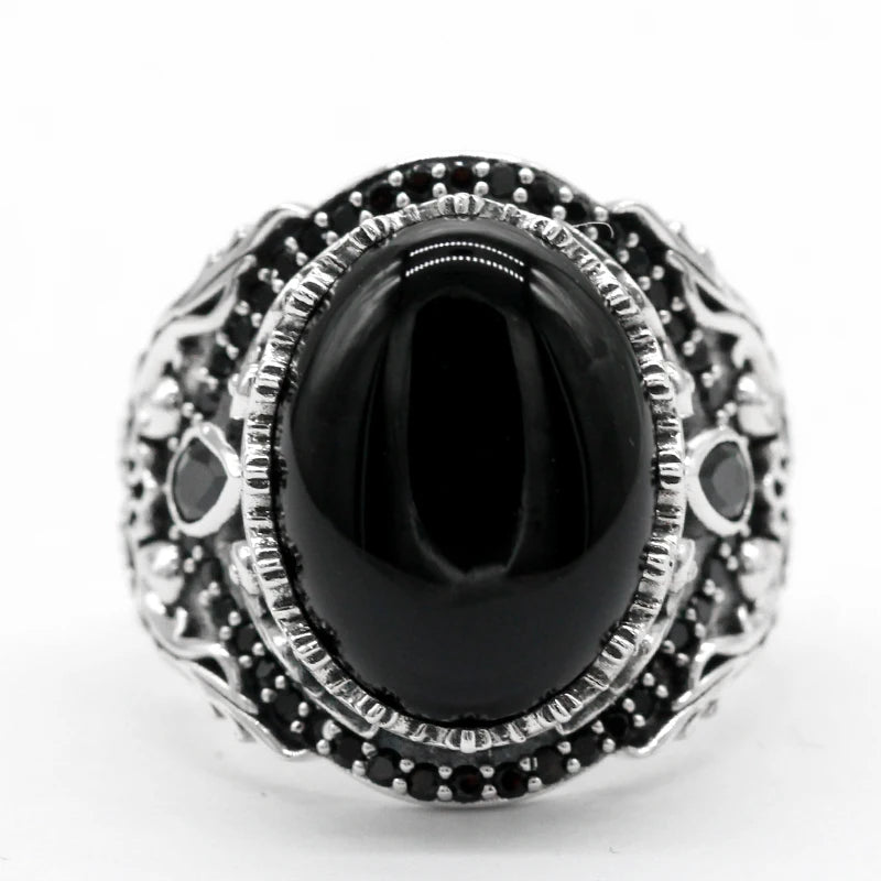 925 Sterling Silver Natural Black Onyx Men's Ring Vintage Turkish Punk Jewelry Trend Jewelry Set Couple Rings Women's Rings