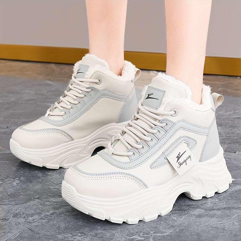 Women'S Winter High-Top Sneakers - Thick Platform Shoes with Cushioned PVC Sole, Lace-Up Closure, Non-Slip Traction - All-Season Everyday & Formal Shoes - Synthetic, Ladies Sneakers, Casual Footwear, Durable Footwear, Office
