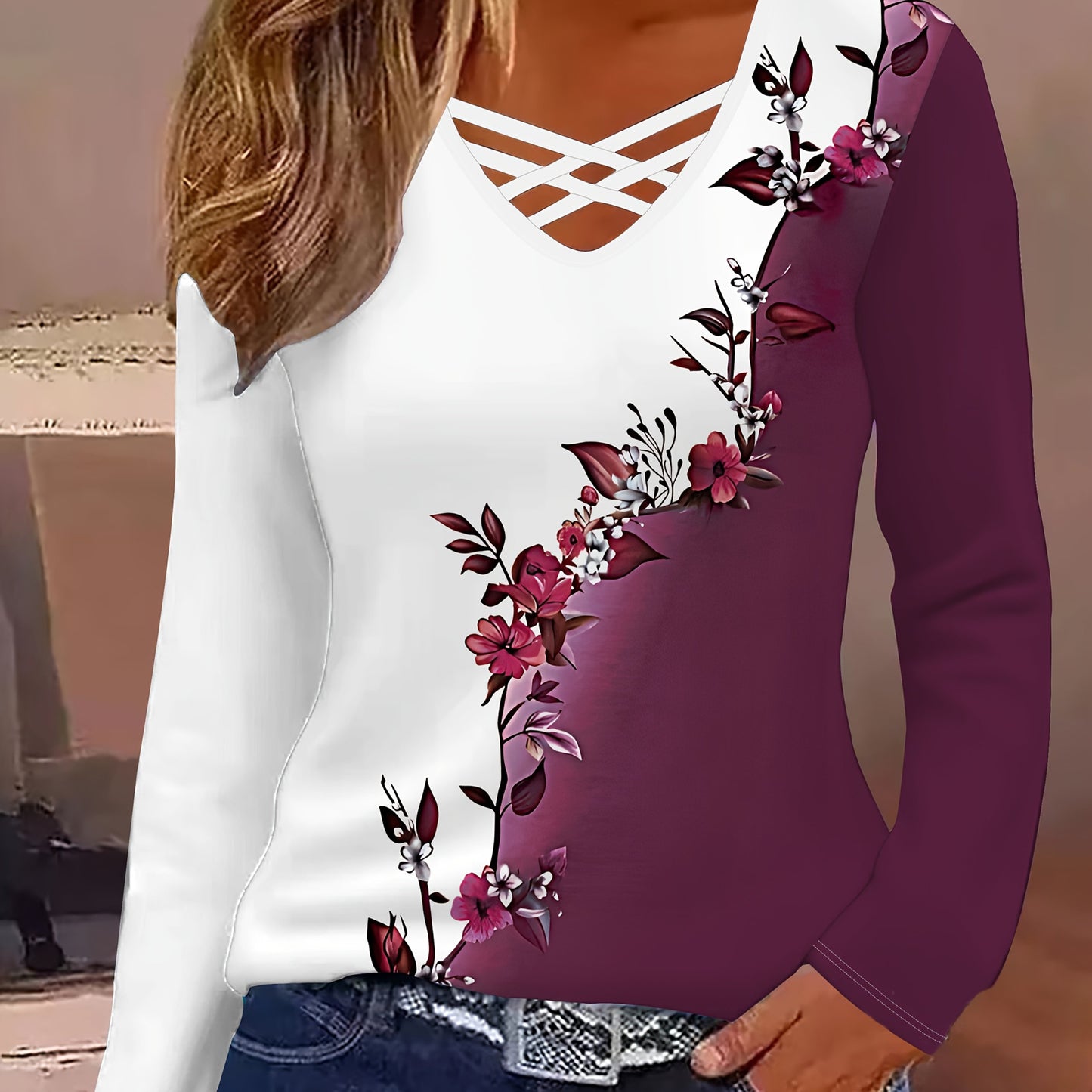 Women's Elegant V-Neck Cross-Back Long Sleeve Blouse with 3D Floral Print - Burgundy & White Asymmetrical Top, Machine Washable All-Season Shirt for Casual & Formal Events, Brown/Purple/Black/White/Navy Blue/Peach/Red/Beige/G