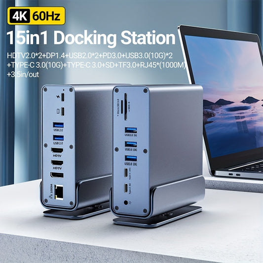 15-in-1 USB-C Docking Station Triple Display, 4K 60Hz HDTV Dual Outputs, DisplayPort, 2 USB 2.0, 3 USB 3.0, Dual Type-C Ports, 100W PD Charging, Gigabit Ethernet, SD/TF Card Reader 3.0, 3.5mm Audio Jack, 360° Rotatable for W