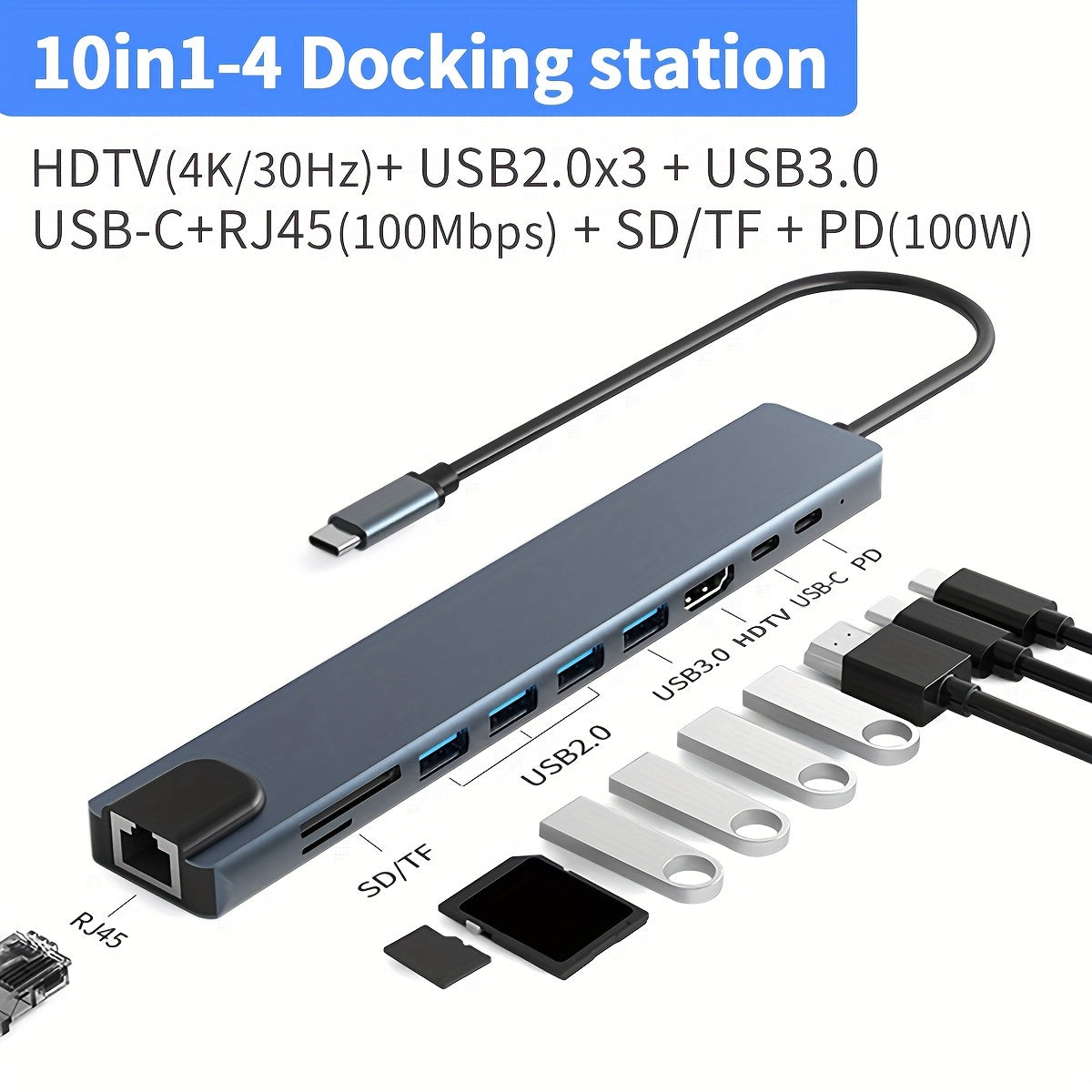 USB C Hub Multiport Adapter, 10-in-1 USB C Dongle, USB-C Hub for MacBook Pro with HDTV 4K 30Hz, Ethernet, 100W Power Delivery, 2 USB 2.0 Ports, SD/TF Card Reader, for HP/Dell/Lenovo Laptops