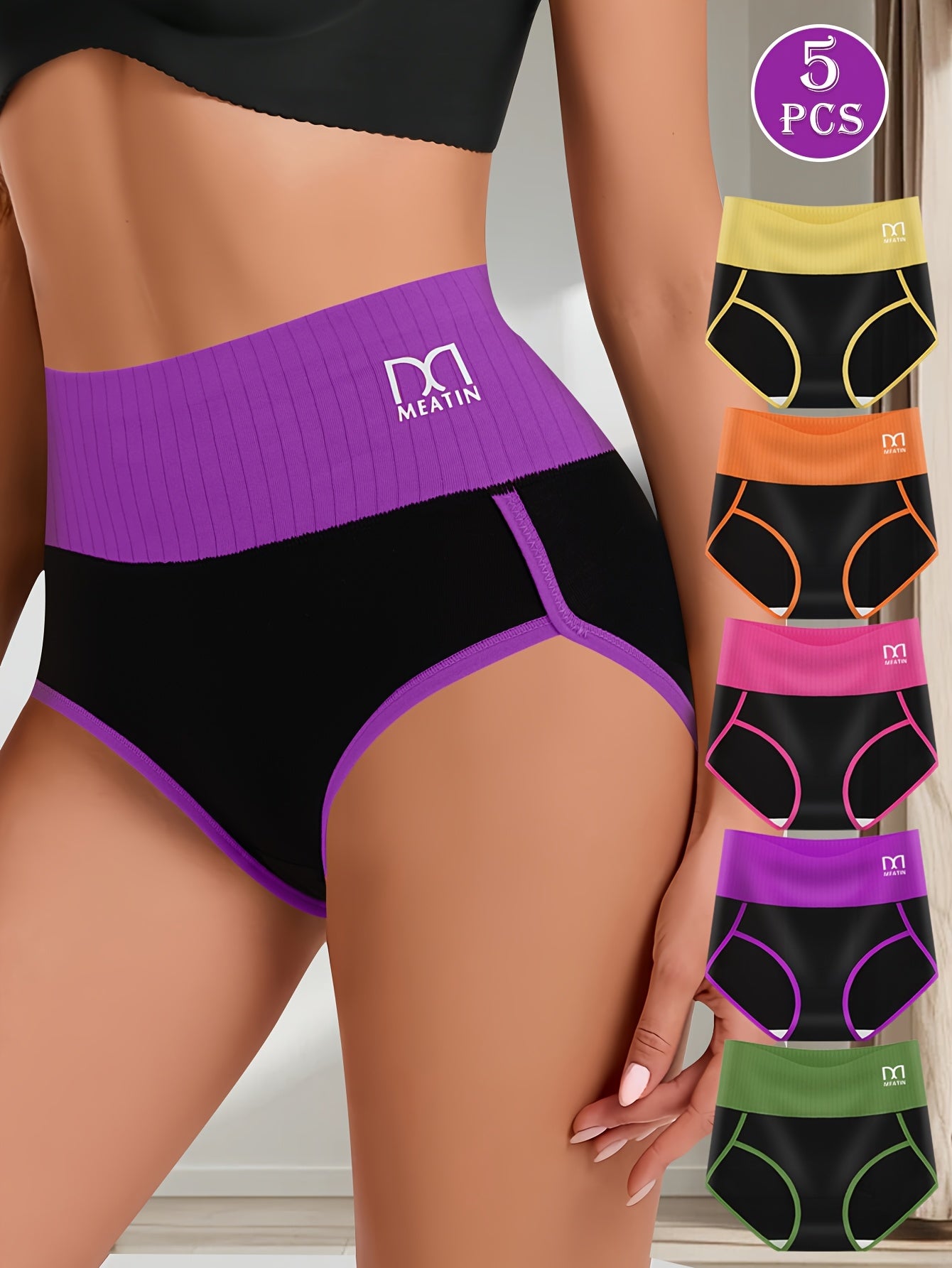 5pcs Women'S High-Waist Spliced Briefs - Butt Lifting, Comfortable & Soft Underwear Set with Vibrant Color Options (Purple, Black, Orange, Pink, Green), High Waist Underwear, Elegant Underwear, Soft Fabric Underwear