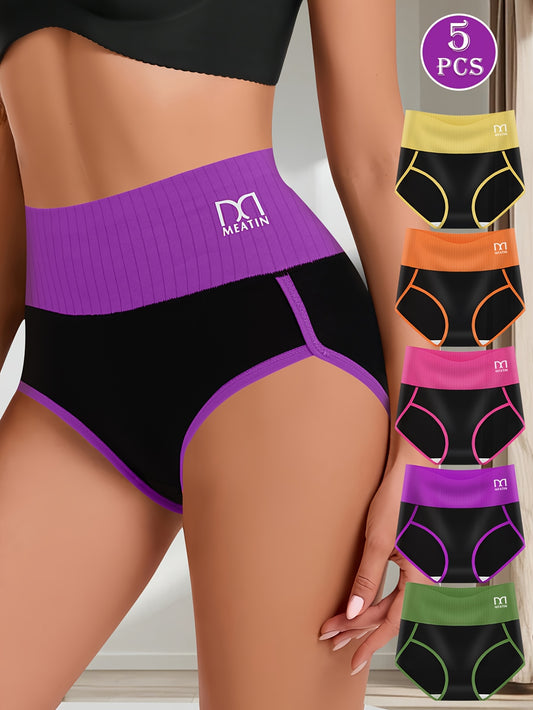 5pcs Women'S High-Waist Spliced Briefs - Butt Lifting, Comfortable & Soft Underwear Set with Vibrant Color Options (Purple, Black, Orange, Pink, Green), High Waist Underwear, Elegant Underwear, Soft Fabric Underwear
