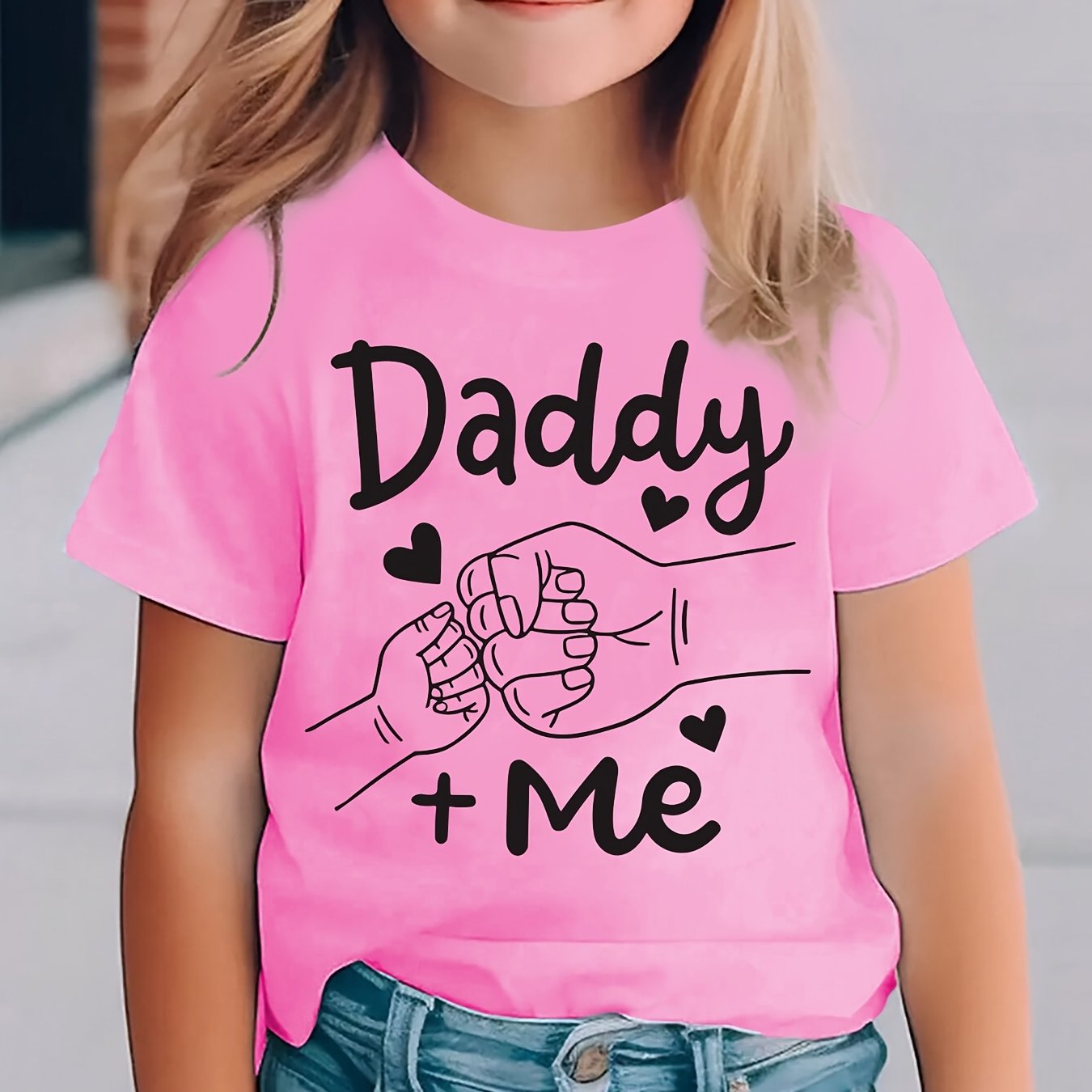 Summer Fashion Girls' Short Sleeve T-Shirt with "Big Fist Meets Little Fist" Daddy + Me Letter Print Casual Top NYDX4322