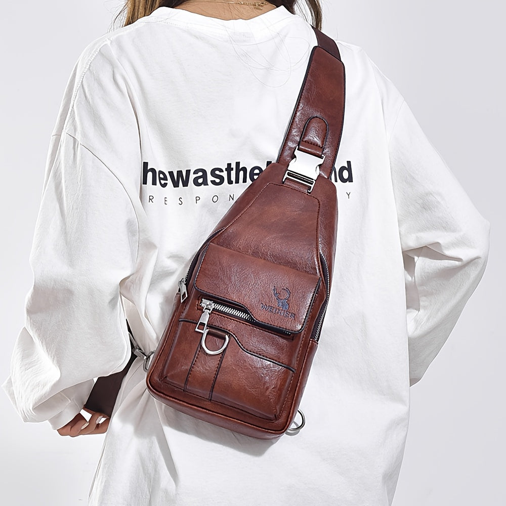 WEIXIER Vintage-Style PU Leather Sling Bag with Adjustable Strap, Multiple Pockets, Large Capacity – Brown, Black, Gray Options for Work, School, Travel & Casual Use, Small Crossbody Bag