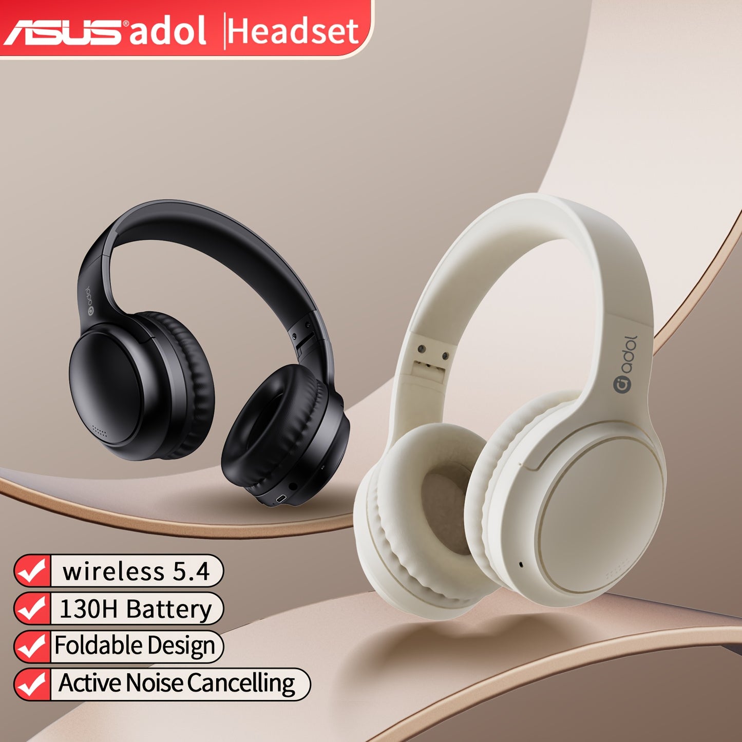 ASUS Active Noise Cancelling Wireless Over-Ear Headphones, Built-in Microphone, Long Battery Life with 1000mAh, Foldable & Adjustable Design, Suitable for Gaming/Music/Movies