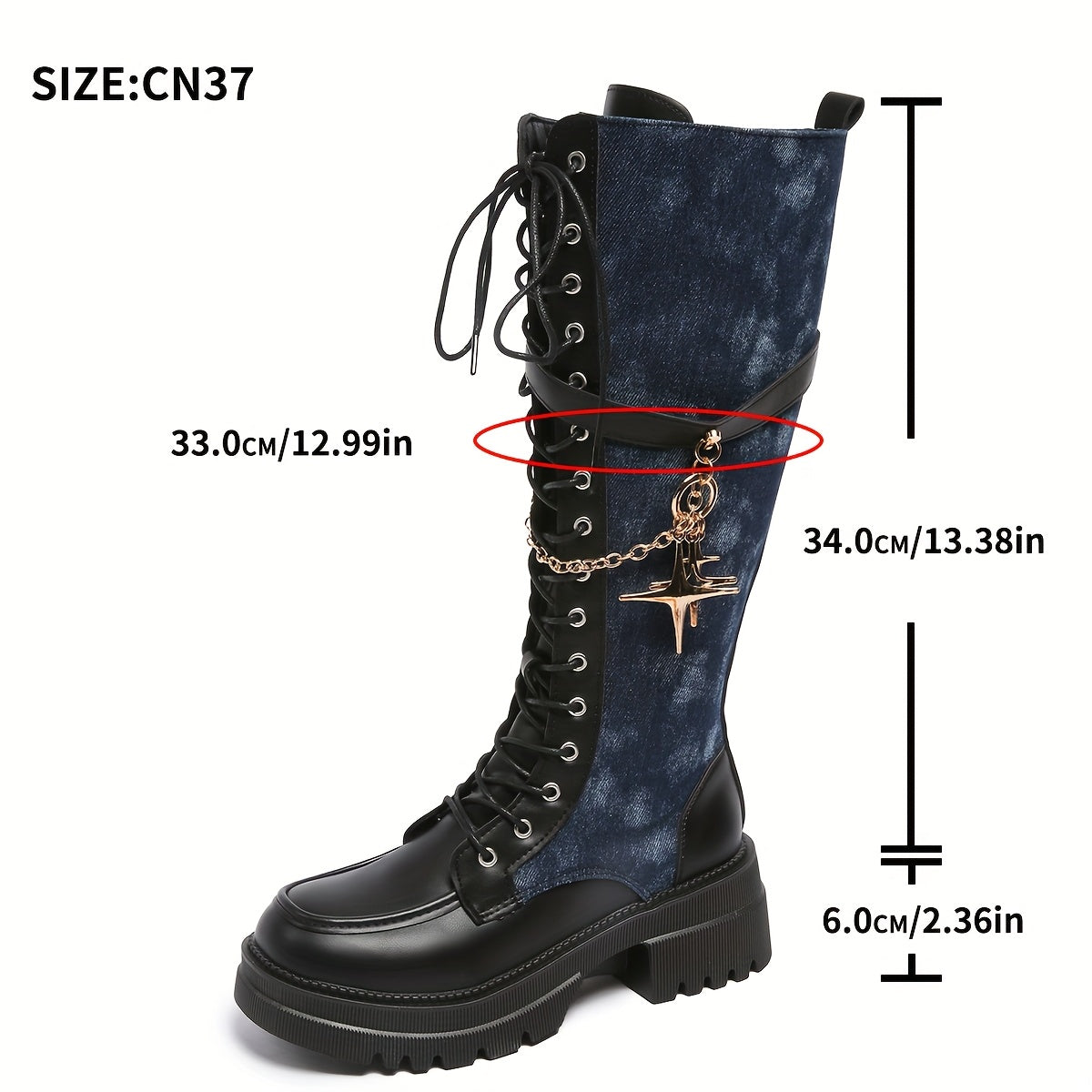 Women's Winter New Solid Color Patchwork Lace-Up Star Metal Chain Side Zipper Thick Sole Chunky Heel Knee-High Boots Fashion Versatile Casual High Heels