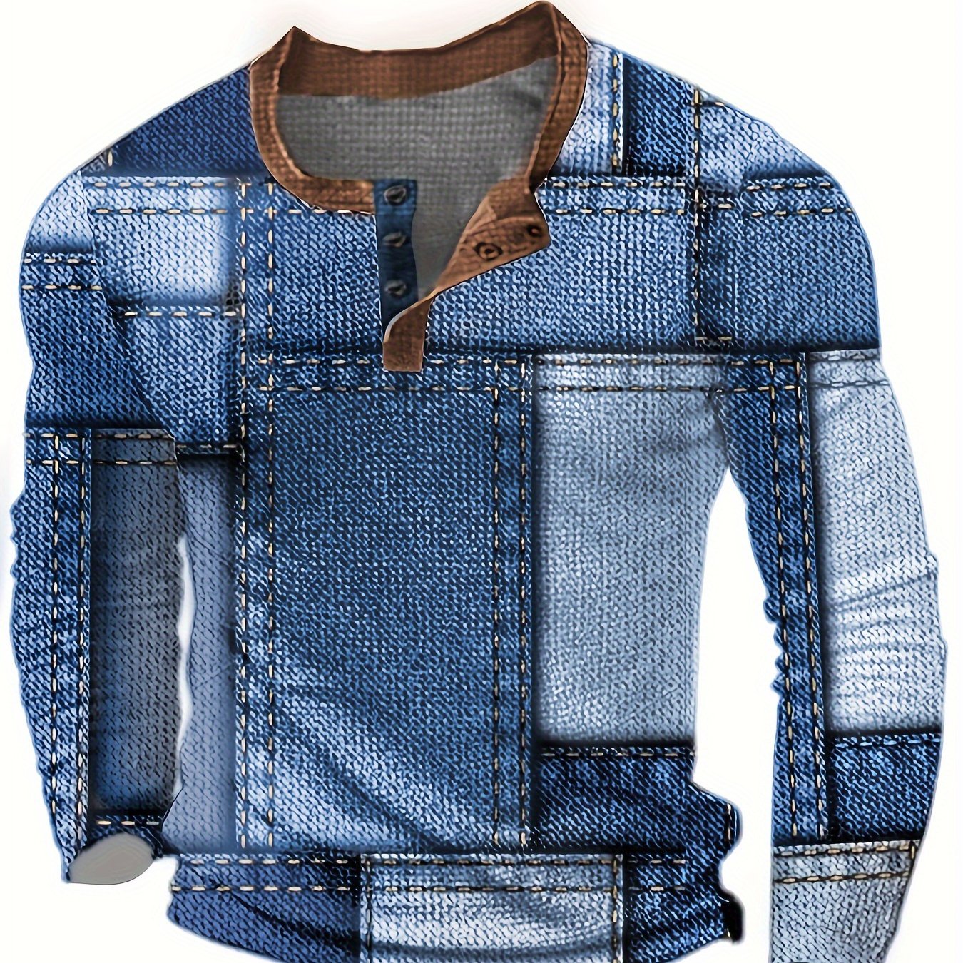 Men'S Casual Crew Neck Long Sleeve Geometric-pattern Henry Shirt, Slight Stretch Fabric, with Button and Heat Transfer Printing, for Outdoor, Spring/Fall