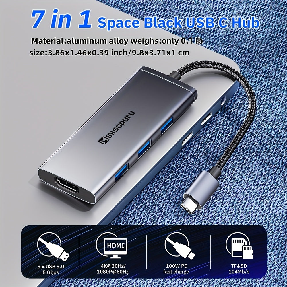 Minisopuru 7-in-1 Aluminum USB C Hub with 4K HDTV, 3x USB 3.0, 100W PD Charging, SD/TF Card Reader - Plug & Play Multiport Adapter for MacBook Pro/Air, iPad Pro, Dell XPS, HP, Lenovo & More