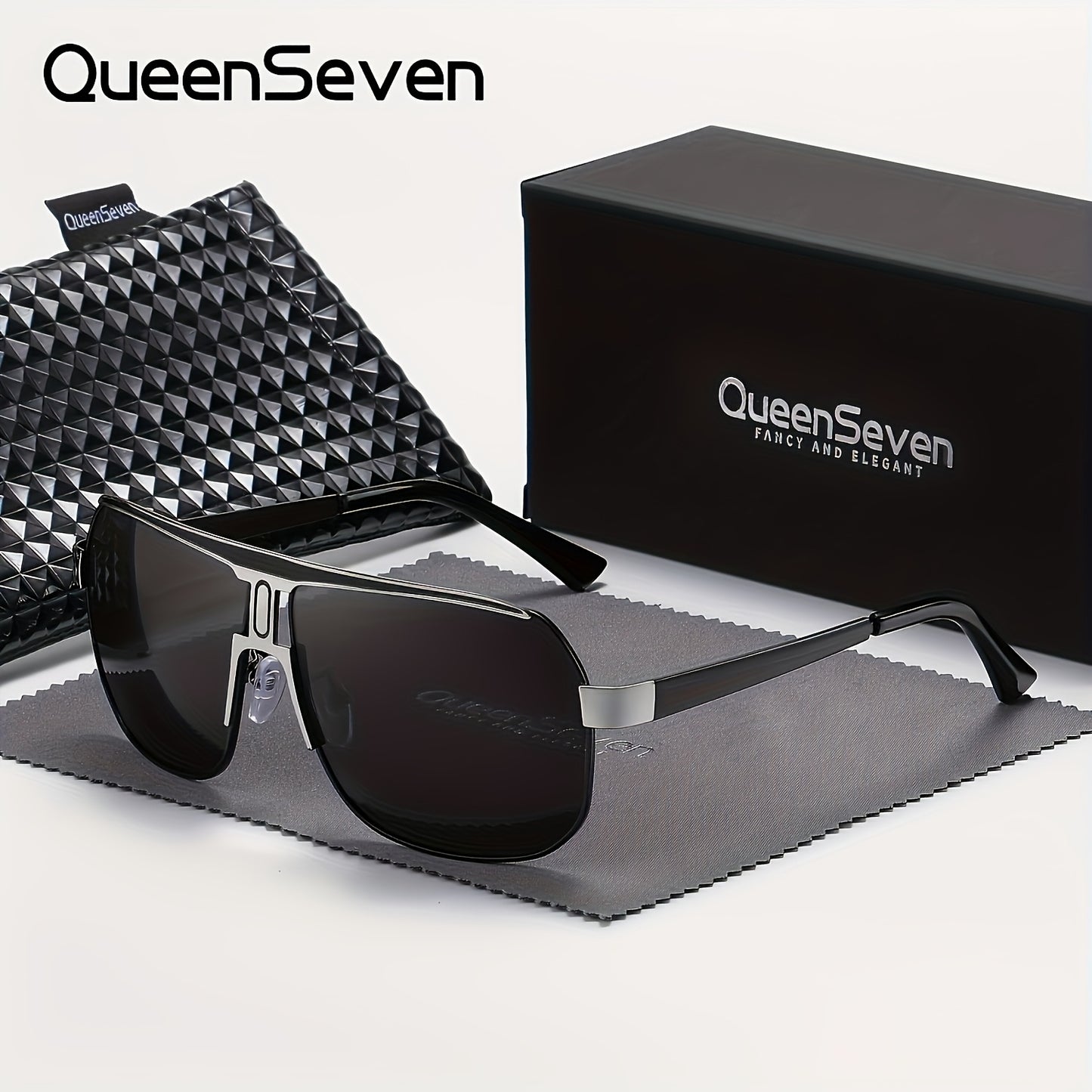 QUEENSEVEN Unisex Oversized Square Frame Fashion Glasses - 60041 UV400, PC Lens & Frame, Metal Frame with Golden Accents, Includes Case & Cloth for Driving, Casual & Formal Wear, Stylish Accessory, Durable Eyewear