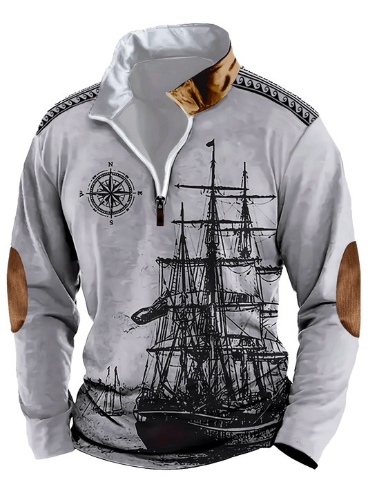 Autumn Distressed Style Sailboat Print Men'S Casual Comfortable Long-Sleeved Polo Shirt Inner Cloth