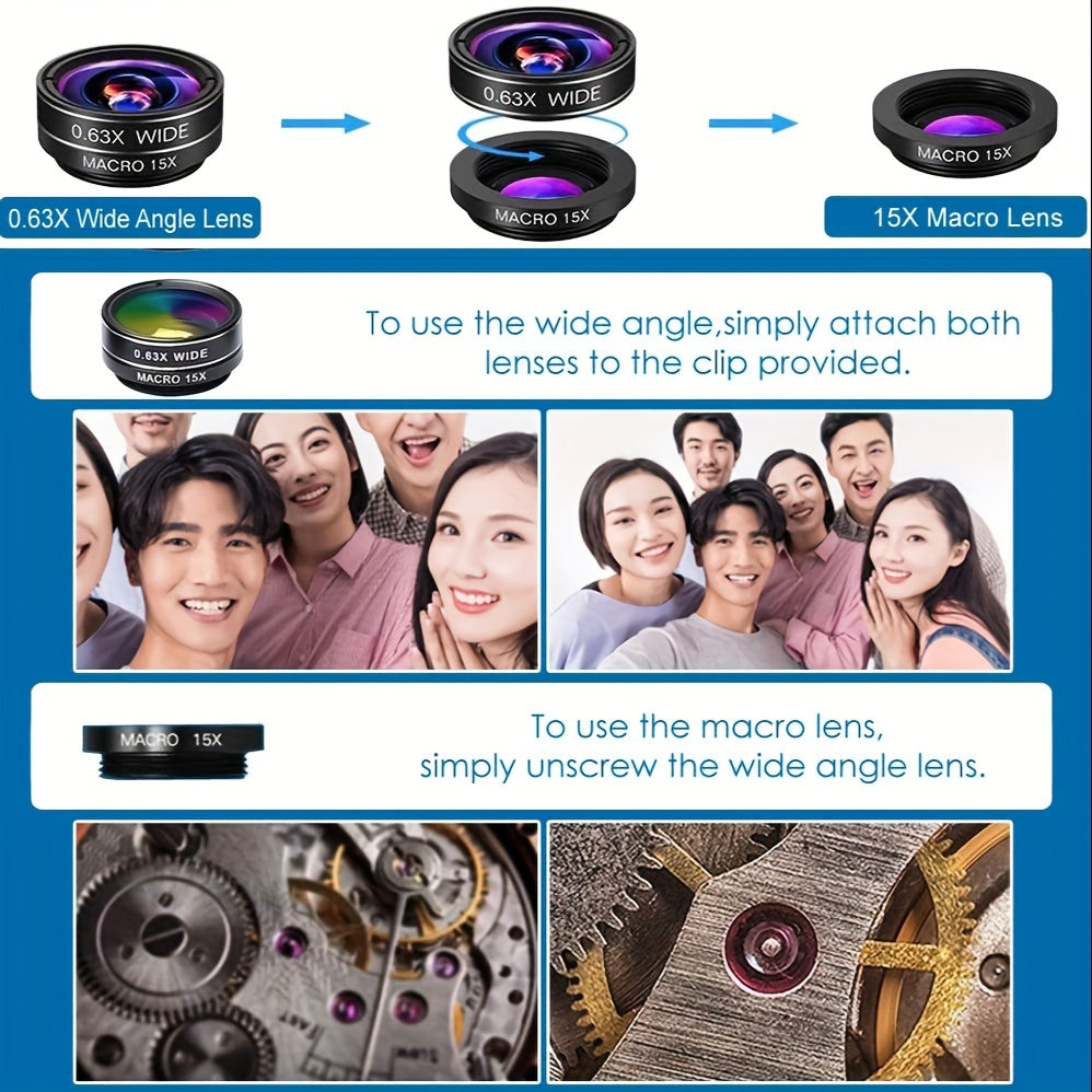 7in 1 Phone Camera Lens Kit-198° Fisheye Lens+ 15X Macro Lens+ 0.63X Wide Angle Lens+ Long Focal Lens 2x+ CPL+ Kaleidoscope+Starburst+, Clip-on Camera Lens for iPhone 11/12/13, for Samsung/Android