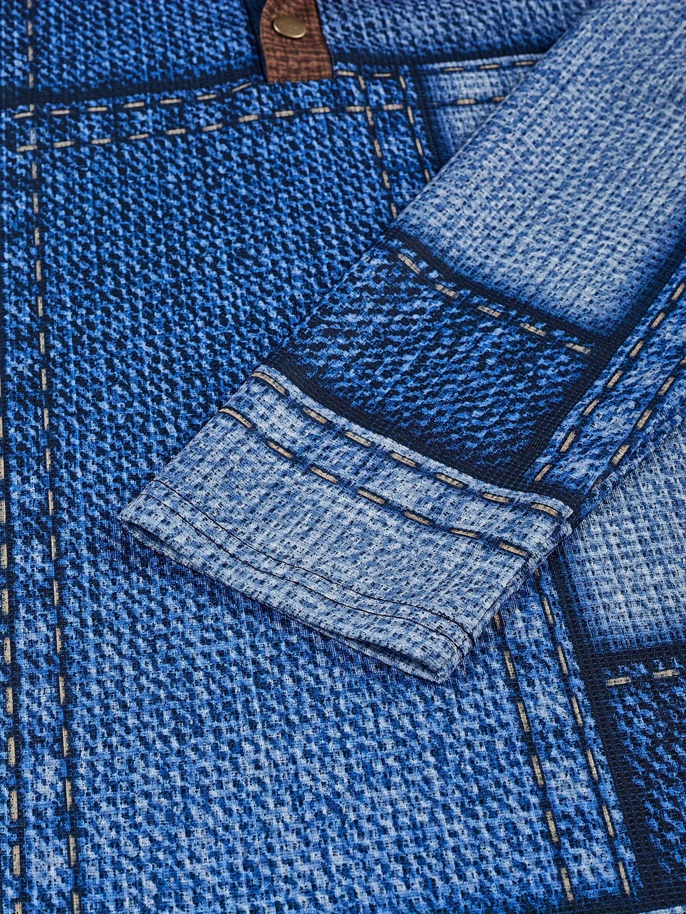 Men'S Casual Crew Neck Long Sleeve Geometric-pattern Henry Shirt, Slight Stretch Fabric, with Button and Heat Transfer Printing, for Outdoor, Spring/Fall