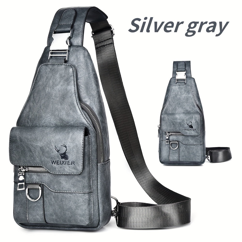 WEIXIER Vintage-Style PU Leather Sling Bag with Adjustable Strap, Multiple Pockets, Large Capacity – Brown, Black, Gray Options for Work, School, Travel & Casual Use, Small Crossbody Bag