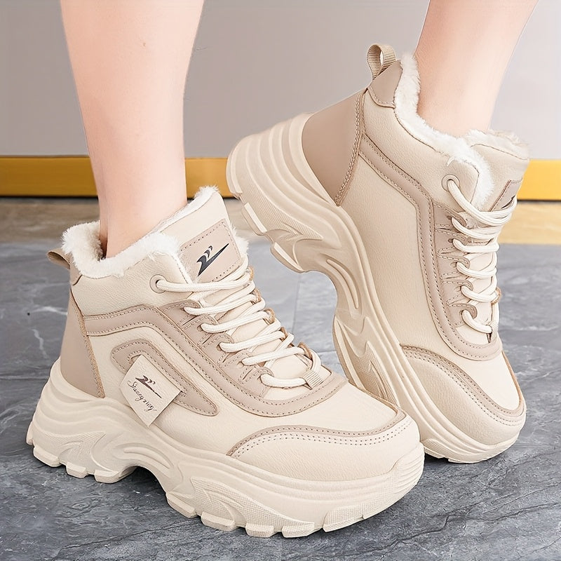 Women'S Winter High-Top Sneakers - Thick Platform Shoes with Cushioned PVC Sole, Lace-Up Closure, Non-Slip Traction - All-Season Everyday & Formal Shoes - Synthetic, Ladies Sneakers, Casual Footwear, Durable Footwear, Office