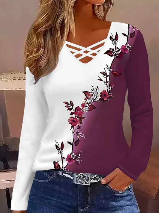 Women's Elegant V-Neck Cross-Back Long Sleeve Blouse with 3D Floral Print - Burgundy & White Asymmetrical Top, Machine Washable All-Season Shirt for Casual & Formal Events, Brown/Purple/Black/White/Navy Blue/Peach/Red/Beige/G