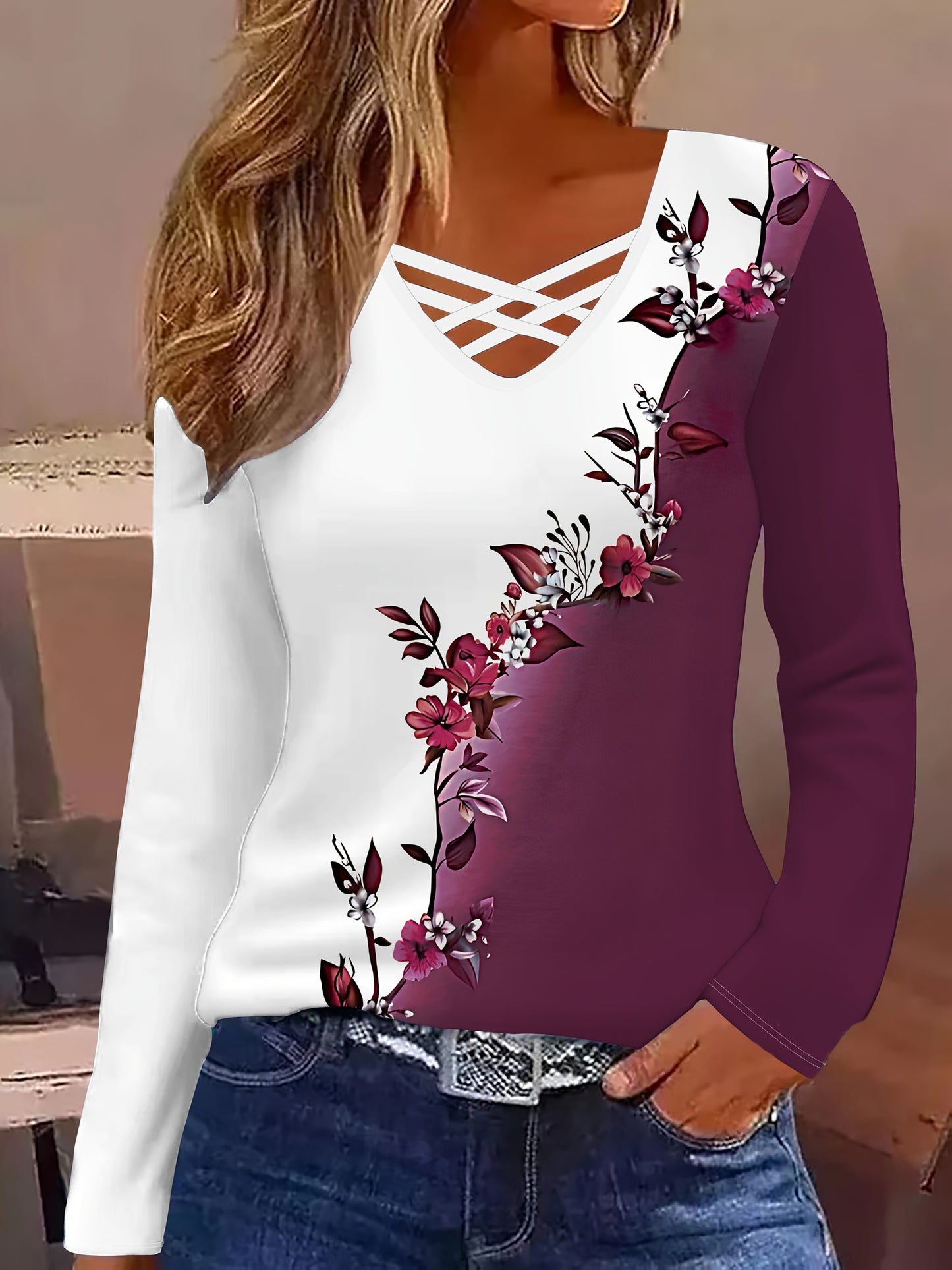 Women's Elegant V-Neck Cross-Back Long Sleeve Blouse with 3D Floral Print - Burgundy & White Asymmetrical Top, Machine Washable All-Season Shirt for Casual & Formal Events, Brown/Purple/Black/White/Navy Blue/Peach/Red/Beige/G