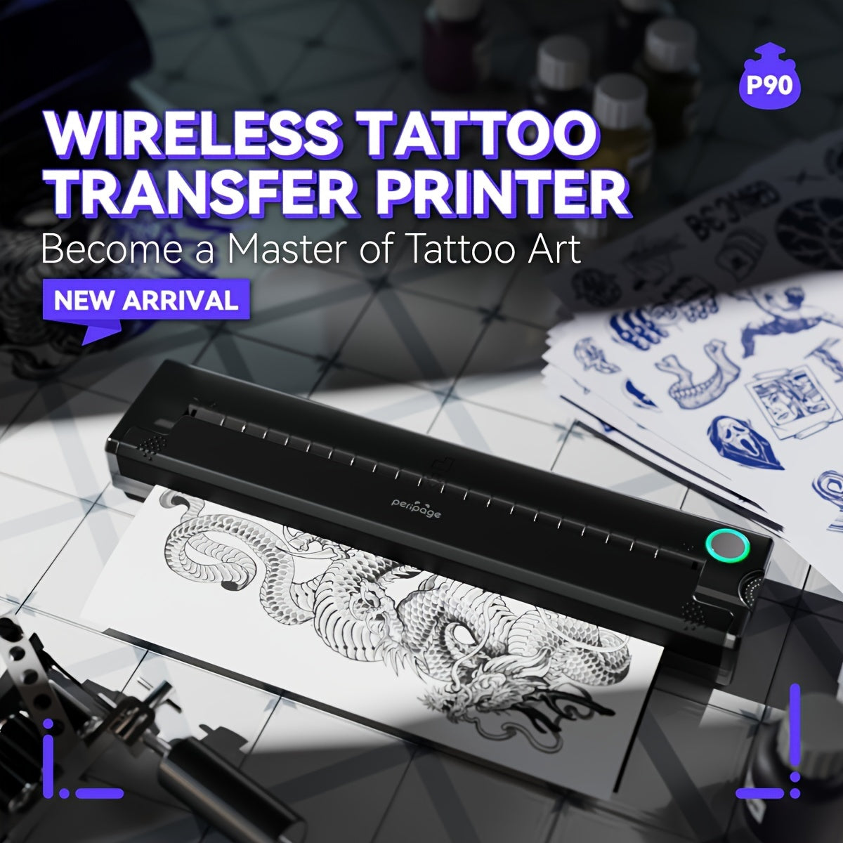 Peripage P90 Tattoo Stencil Printer Tattoo Printer Thermal Printer for DIY Tattoo, Mini Portable Printer, Compatible with Smartphone and PC, iOS, for Android, with 5pcs A4 Tattoo Transfer Paper