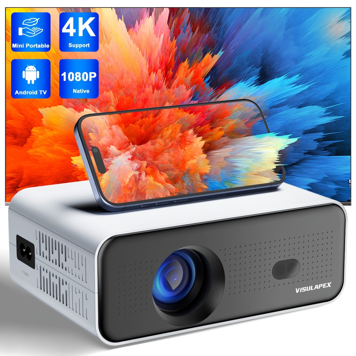 Mini HD Smart Projector 4K Support 1080P Native Electric Focus Android 11, Built-in APP TV, BT Wi-Fi, Compatible with TV Stick/PC/Smartphones/USB, Built-in Speaker, Home Theater Outdoor Movie Office