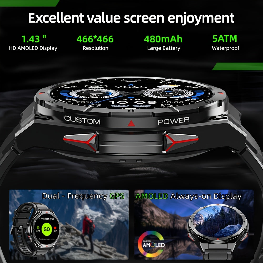 Men'S GPS Smartwatch, Dual-Band Multi-Star, Precision Trajectory, 5ATM High Quality, Compass, Barometric altitude, Battery, 1.43-inch Full Touch Screen, AMOLED Material Ultra Clarity, Wireless Calling, Tracking, Compatible wi