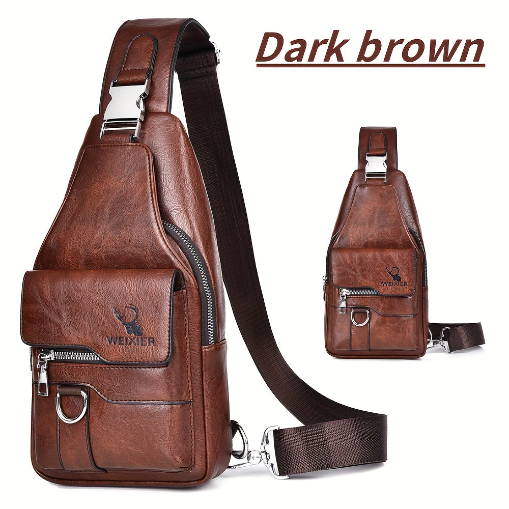 WEIXIER Vintage-Style PU Leather Sling Bag with Adjustable Strap, Multiple Pockets, Large Capacity – Brown, Black, Gray Options for Work, School, Travel & Casual Use, Small Crossbody Bag