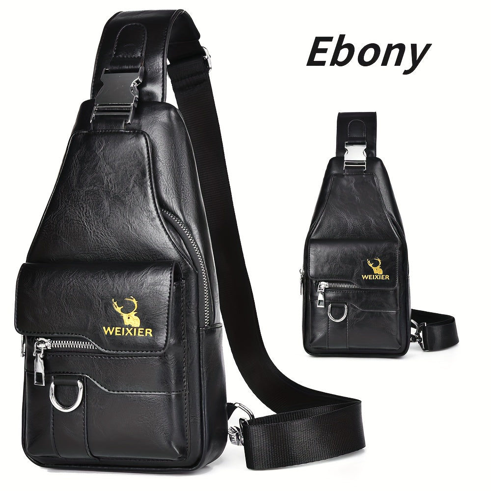 WEIXIER Vintage-Style PU Leather Sling Bag with Adjustable Strap, Multiple Pockets, Large Capacity – Brown, Black, Gray Options for Work, School, Travel & Casual Use, Small Crossbody Bag