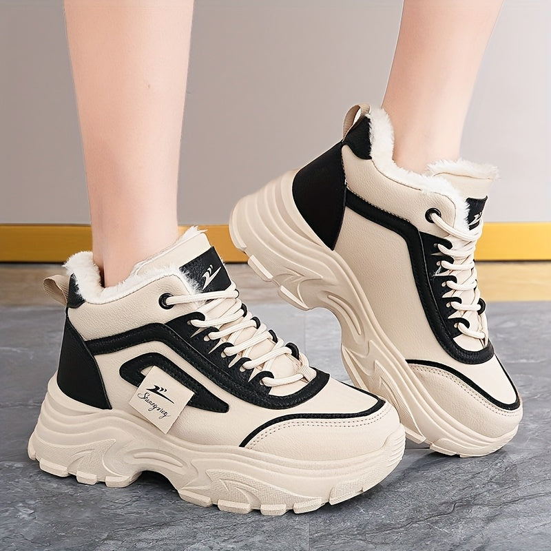Women'S Winter High-Top Sneakers - Thick Platform Shoes with Cushioned PVC Sole, Lace-Up Closure, Non-Slip Traction - All-Season Everyday & Formal Shoes - Synthetic, Ladies Sneakers, Casual Footwear, Durable Footwear, Office