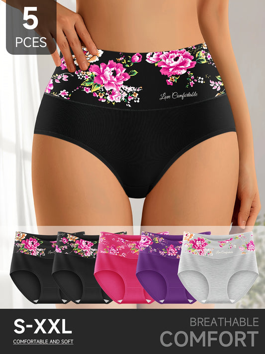 5pcs High-Waisted Women's Panties with Floral Wide Waistband Design, Multiple Colors Available, Daily Essentials, Comfortable Underwear, Stylish Panties, Floral Design, Durable Stitching, Soft Fabric, Multipack Panties, Women