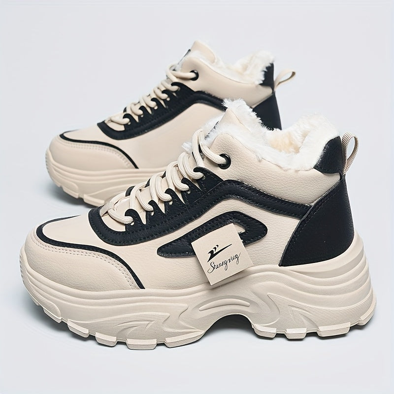 Women'S Winter High-Top Sneakers - Thick Platform Shoes with Cushioned PVC Sole, Lace-Up Closure, Non-Slip Traction - All-Season Everyday & Formal Shoes - Synthetic, Ladies Sneakers, Casual Footwear, Durable Footwear, Office