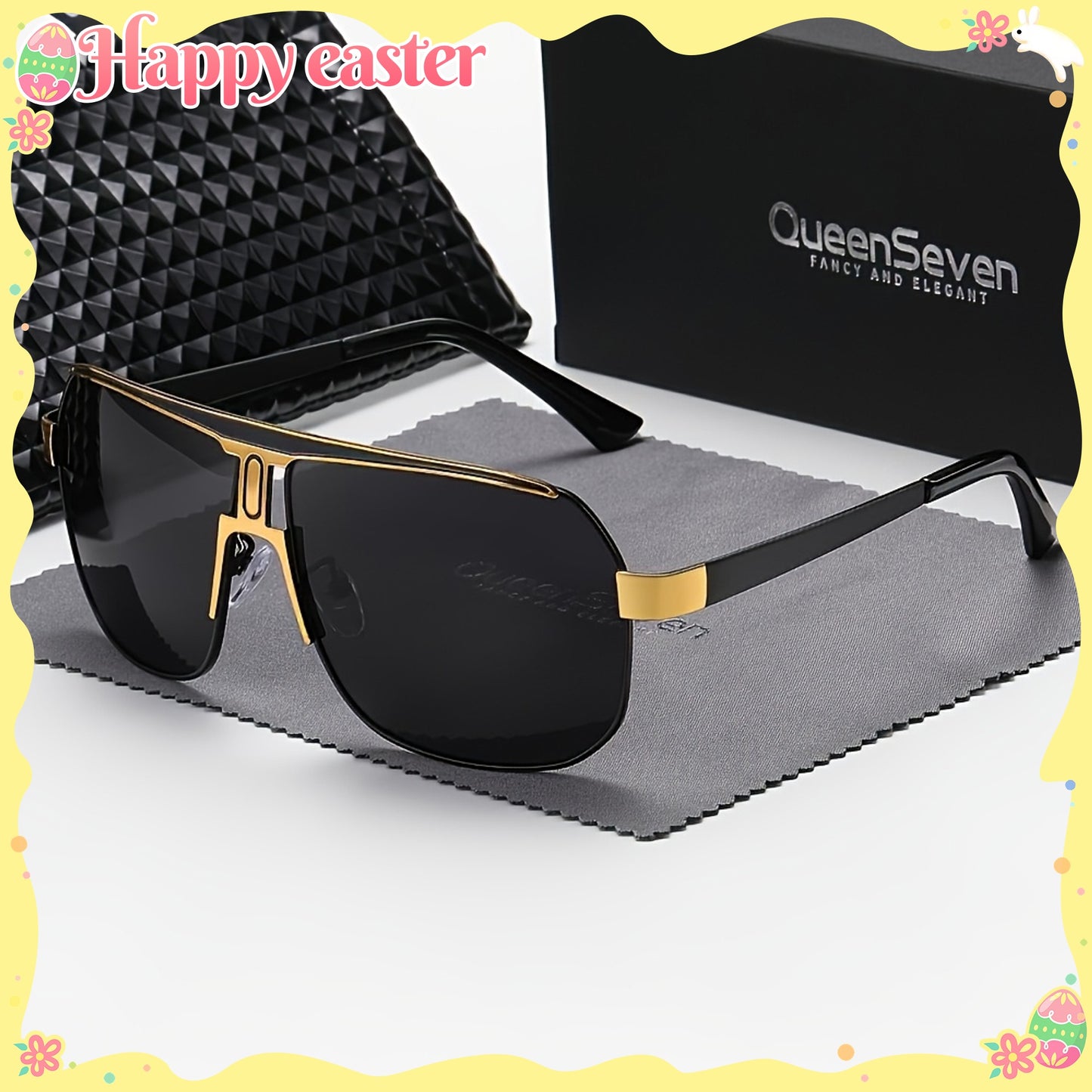 QUEENSEVEN Unisex Oversized Square Frame Fashion Glasses - 60041 UV400, PC Lens & Frame, Metal Frame with Golden Accents, Includes Case & Cloth for Driving, Casual & Formal Wear, Stylish Accessory, Durable Eyewear