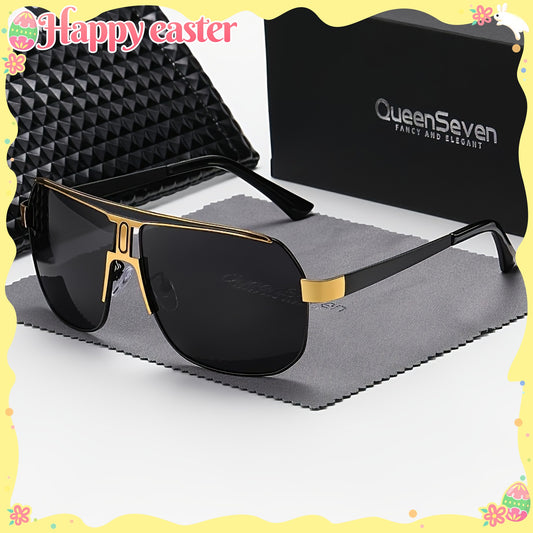 QUEENSEVEN Unisex Oversized Square Frame Fashion Glasses - 60041 UV400, PC Lens & Frame, Metal Frame with Golden Accents, Includes Case & Cloth for Driving, Casual & Formal Wear, Stylish Accessory, Durable Eyewear