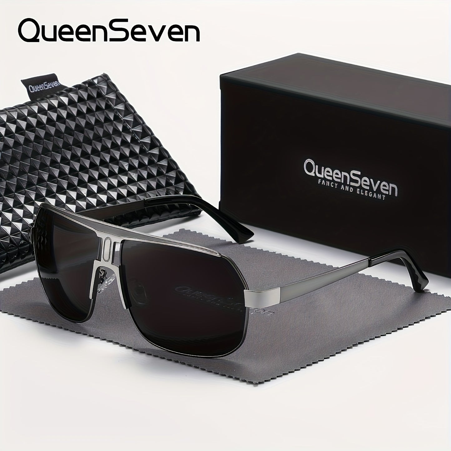 QUEENSEVEN Unisex Oversized Square Frame Fashion Glasses - 60041 UV400, PC Lens & Frame, Metal Frame with Golden Accents, Includes Case & Cloth for Driving, Casual & Formal Wear, Stylish Accessory, Durable Eyewear