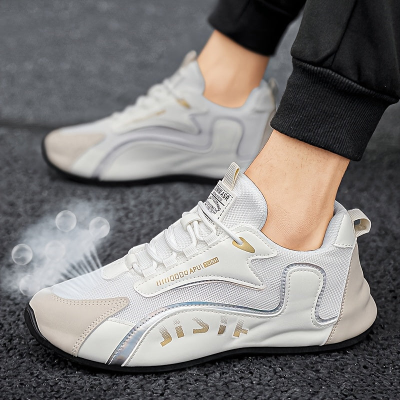 Zhenyuezu 's Low-Top Sneakers - White/Golden PU Upper, Beige/ Tread, Lace-Up Casual Shoes with Cushioned Insole & PVC Sole, Minimalist Beige & Golden Accent Design for Office, Semi-Formal Wear - Versatile s