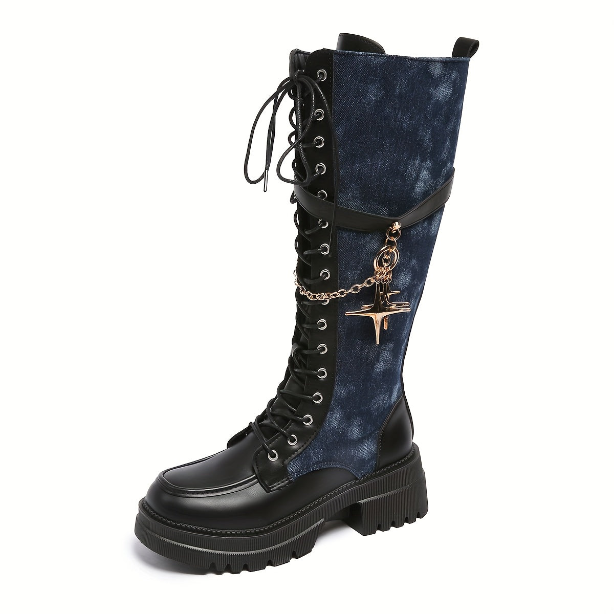 Women's Winter New Solid Color Patchwork Lace-Up Star Metal Chain Side Zipper Thick Sole Chunky Heel Knee-High Boots Fashion Versatile Casual High Heels