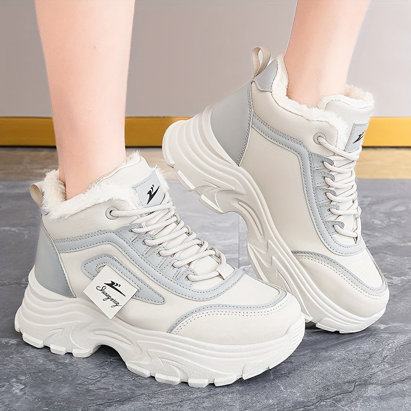 Women'S Winter High-Top Sneakers - Thick Platform Shoes with Cushioned PVC Sole, Lace-Up Closure, Non-Slip Traction - All-Season Everyday & Formal Shoes - Synthetic, Ladies Sneakers, Casual Footwear, Durable Footwear, Office