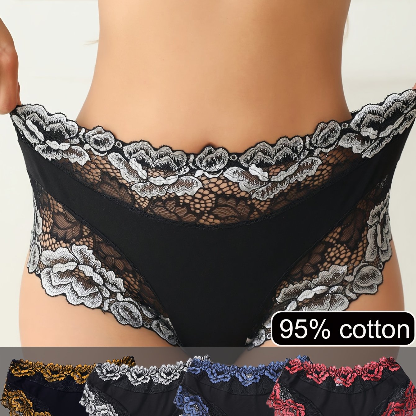 4pcs Women'S High-Waisted Lace Trim Panties - Breathable Mid-Rise Briefs with Floral Patterns, Elegant Contrast Trim in Black, Blue, Red & Golden, Comfortable & Stylish Underwear, Lace Trim Panties, Comfortable Underwear, Ele