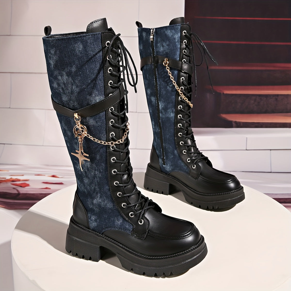 Women's Winter New Solid Color Patchwork Lace-Up Star Metal Chain Side Zipper Thick Sole Chunky Heel Knee-High Boots Fashion Versatile Casual High Heels