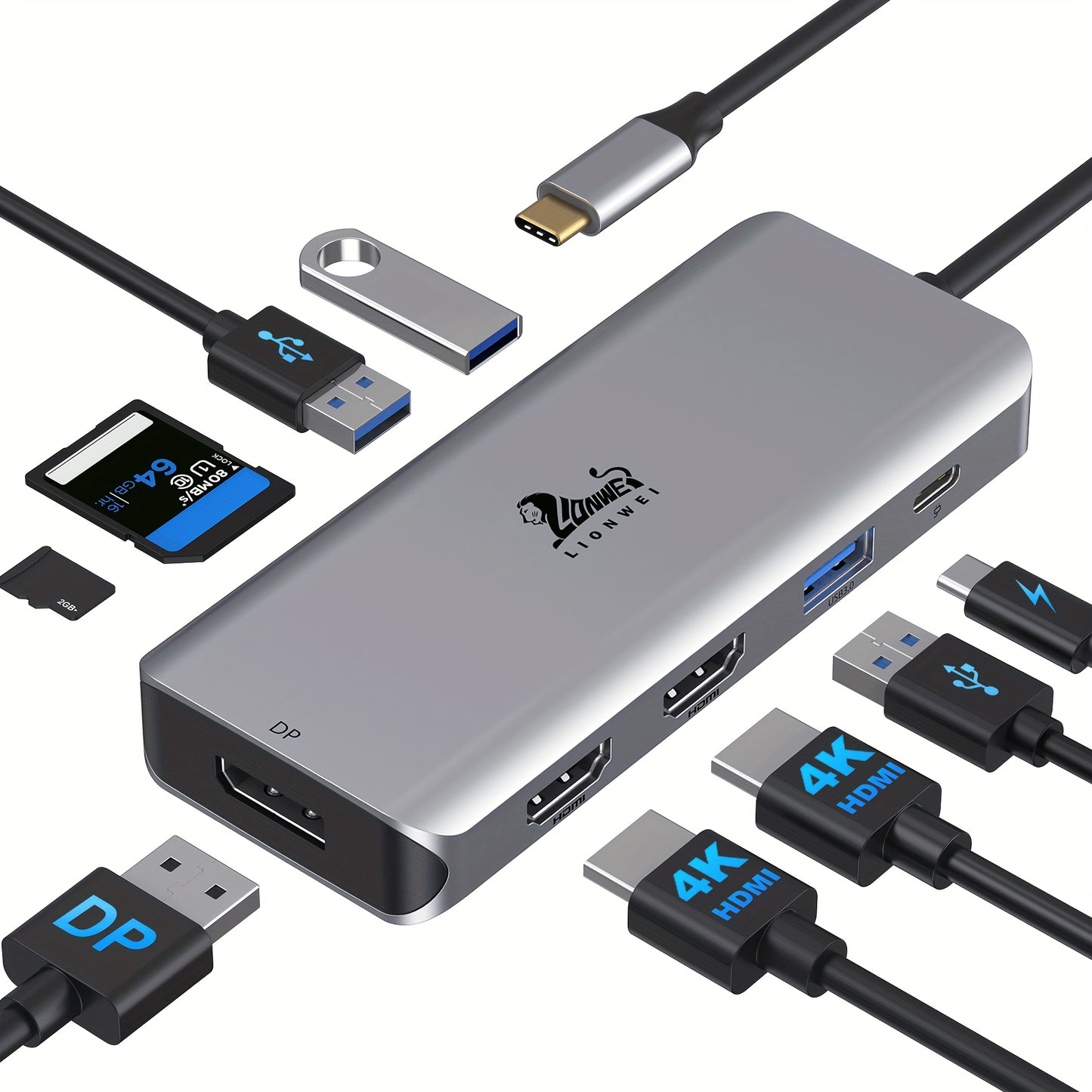 USB C Docking Station Dual Monitor, 9-in-1 Triple Display USB C Hub Multiport Adapter for Dell/HP/Lenovo/Surface Pro Laptop, USB C to 2 HDMI, DisplayPort, 87W PD, 3 USB, SD/TF Card Reader