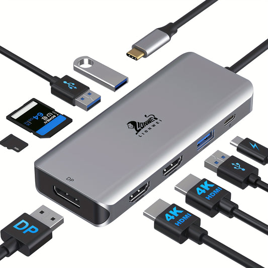 USB C Docking Station Dual Monitor, 9-in-1 Triple Display USB C Hub Multiport Adapter for Dell/HP/Lenovo/Surface Pro Laptop, USB C to 2 HDMI, DisplayPort, 87W PD, 3 USB, SD/TF Card Reader