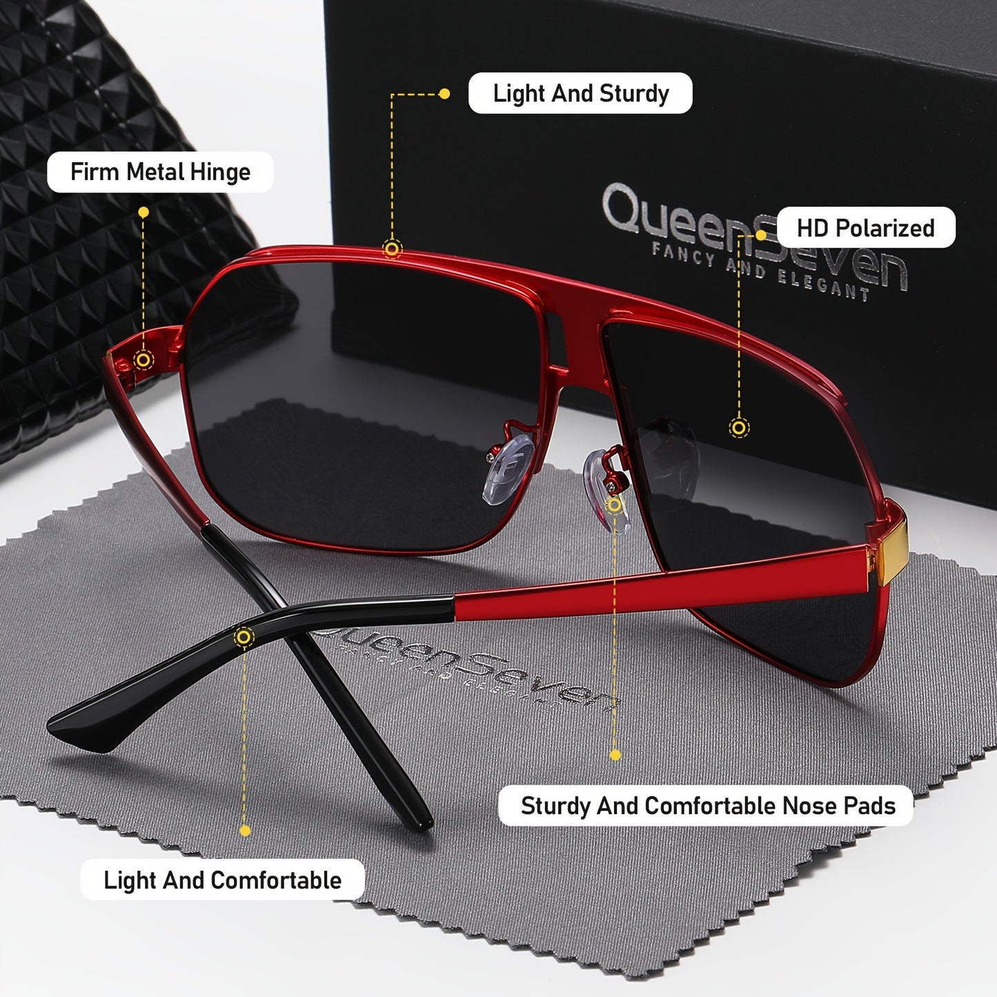 QUEENSEVEN Unisex Oversized Square Frame Fashion Glasses - 60041 UV400, PC Lens & Frame, Metal Frame with Golden Accents, Includes Case & Cloth for Driving, Casual & Formal Wear, Stylish Accessory, Durable Eyewear