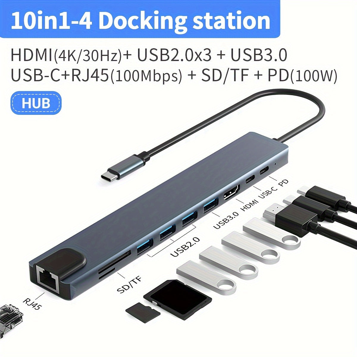 USB C Hub Multiport Adapter, 10-in-1 USB C Dongle, USB-C Hub for MacBook Pro with HDTV 4K 30Hz, Ethernet, 100W Power Delivery, 2 USB 2.0 Ports, SD/TF Card Reader, for HP/Dell/Lenovo Laptops