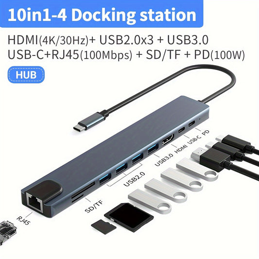 USB C Hub Multiport Adapter, 10-in-1 USB C Dongle, USB-C Hub for MacBook Pro with HDTV 4K 30Hz, Ethernet, 100W Power Delivery, 2 USB 2.0 Ports, SD/TF Card Reader, for HP/Dell/Lenovo Laptops